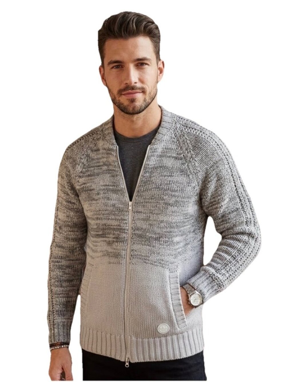 Adidas Wings + Horns Beige Gray Marled Wool Zip Cardigan Sweater Jacket